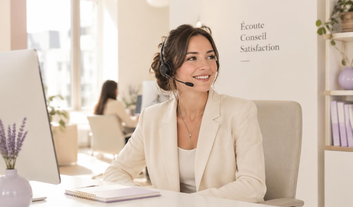 Conseillère client avec casque dans un bureau lumineux